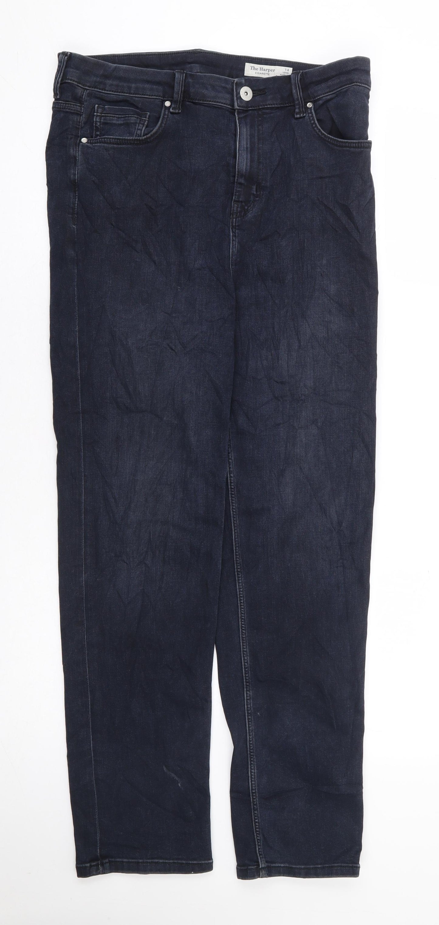 Marks and Spencer Womens Blue Cotton Straight Jeans Size 14 L29 in Regular Zip - Long Length Cigarette Style