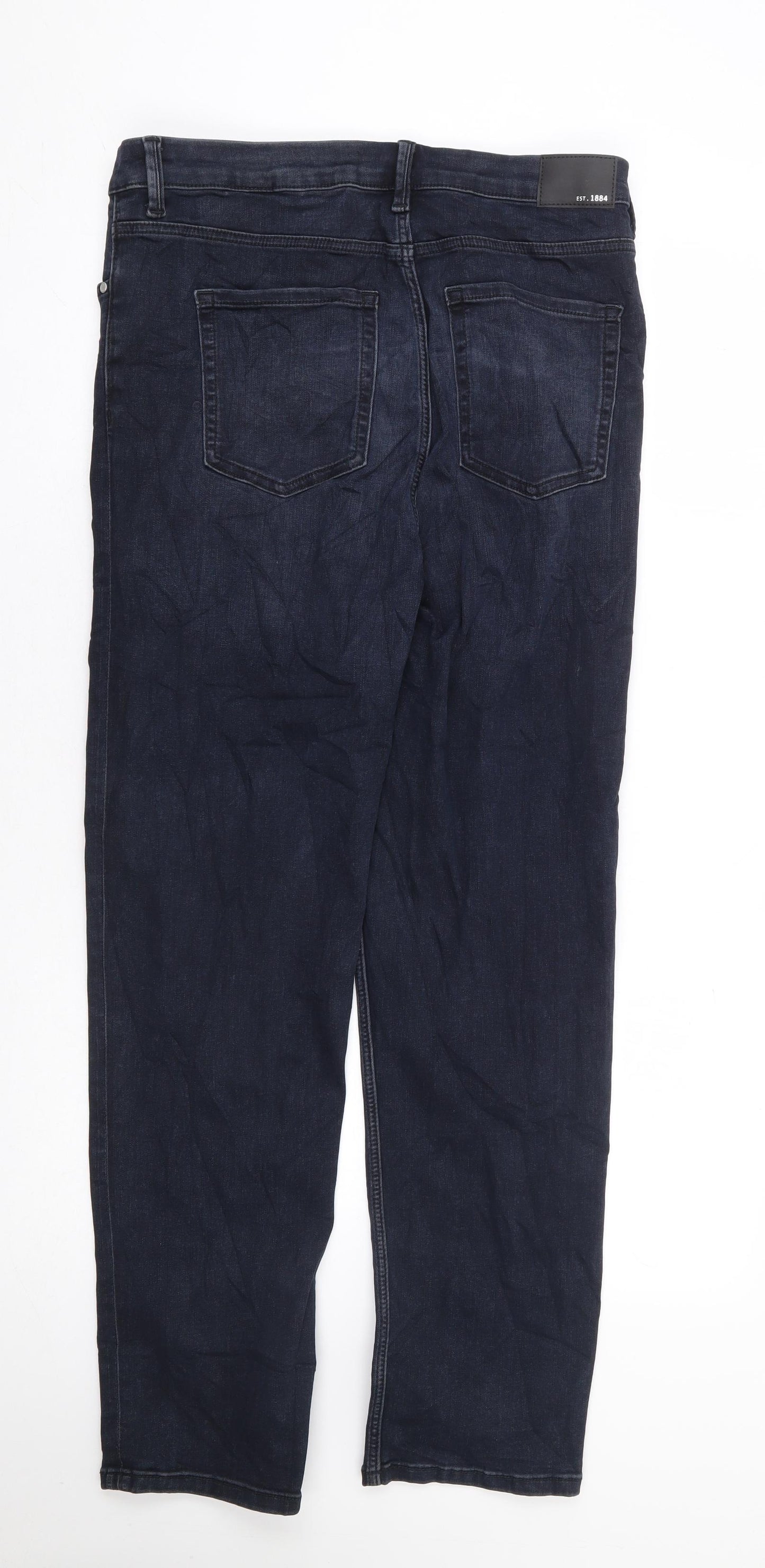 Marks and Spencer Womens Blue Cotton Straight Jeans Size 14 L29 in Regular Zip - Long Length Cigarette Style