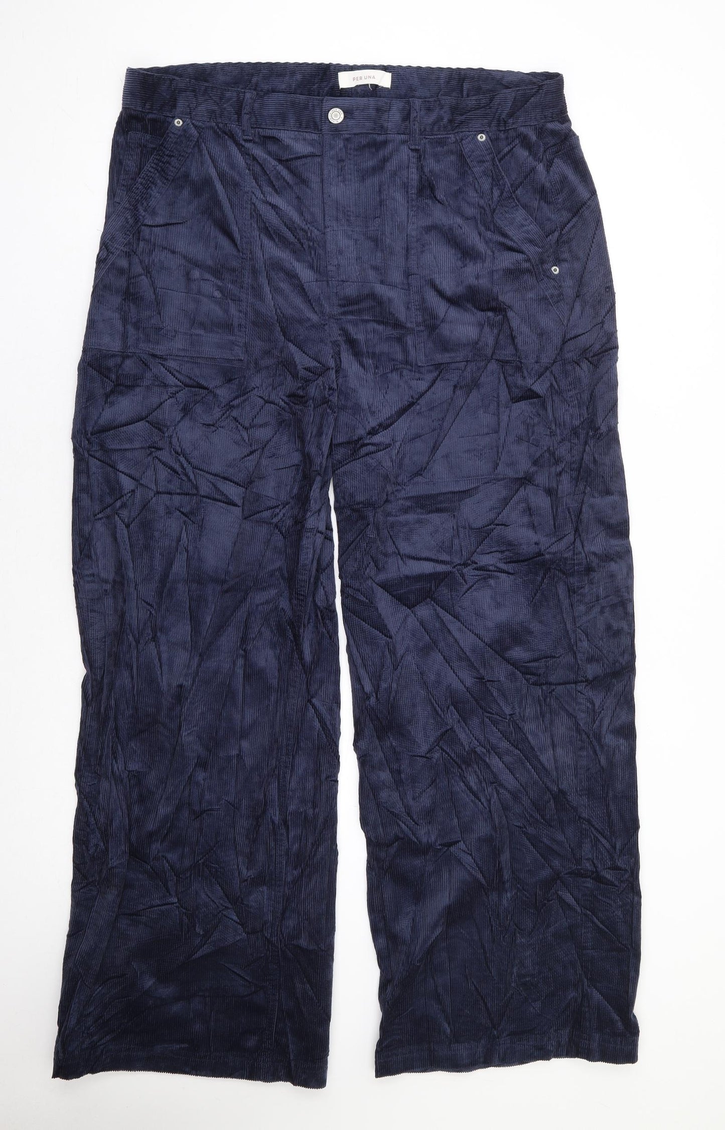 Per Una Womens Blue Cotton Trousers Size 18 L30 in Regular Zip