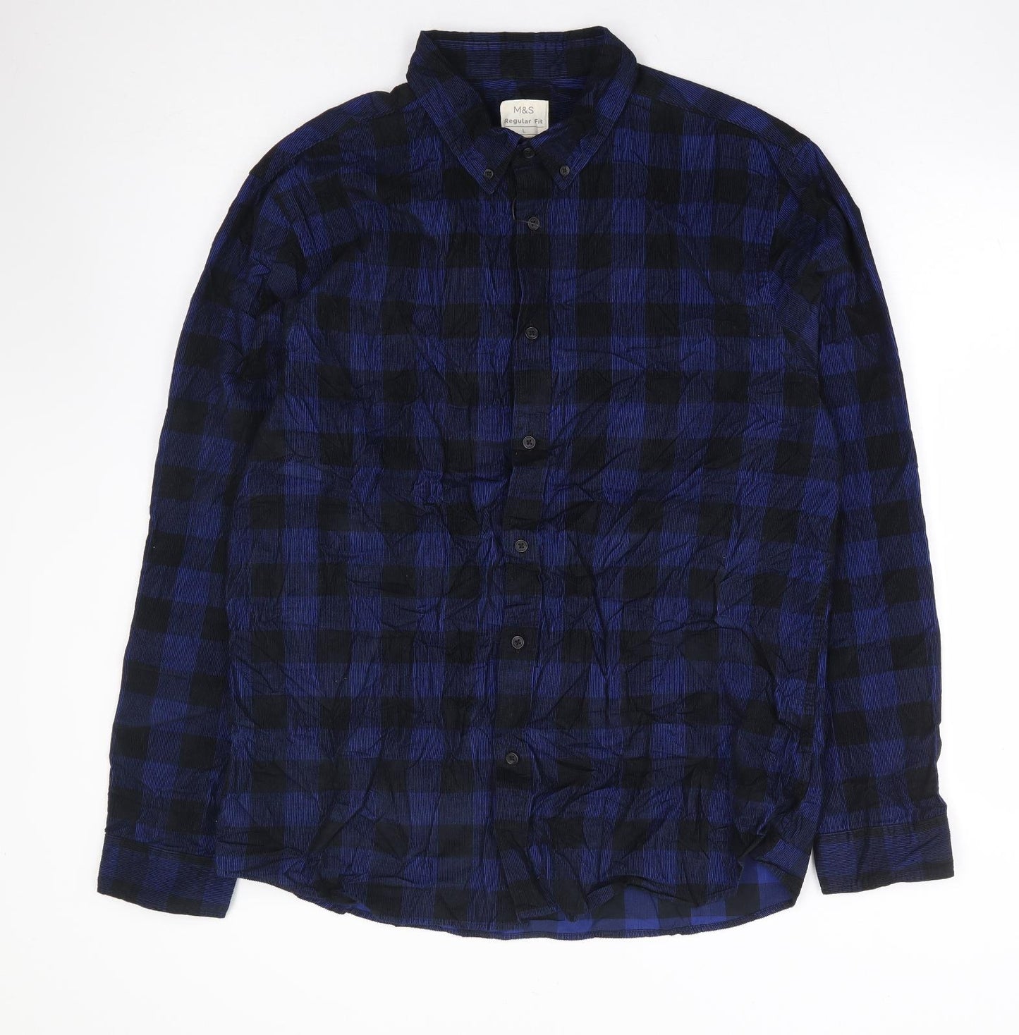 Marks and Spencer Mens Blue Check Cotton Button-Up Size L Collared Button