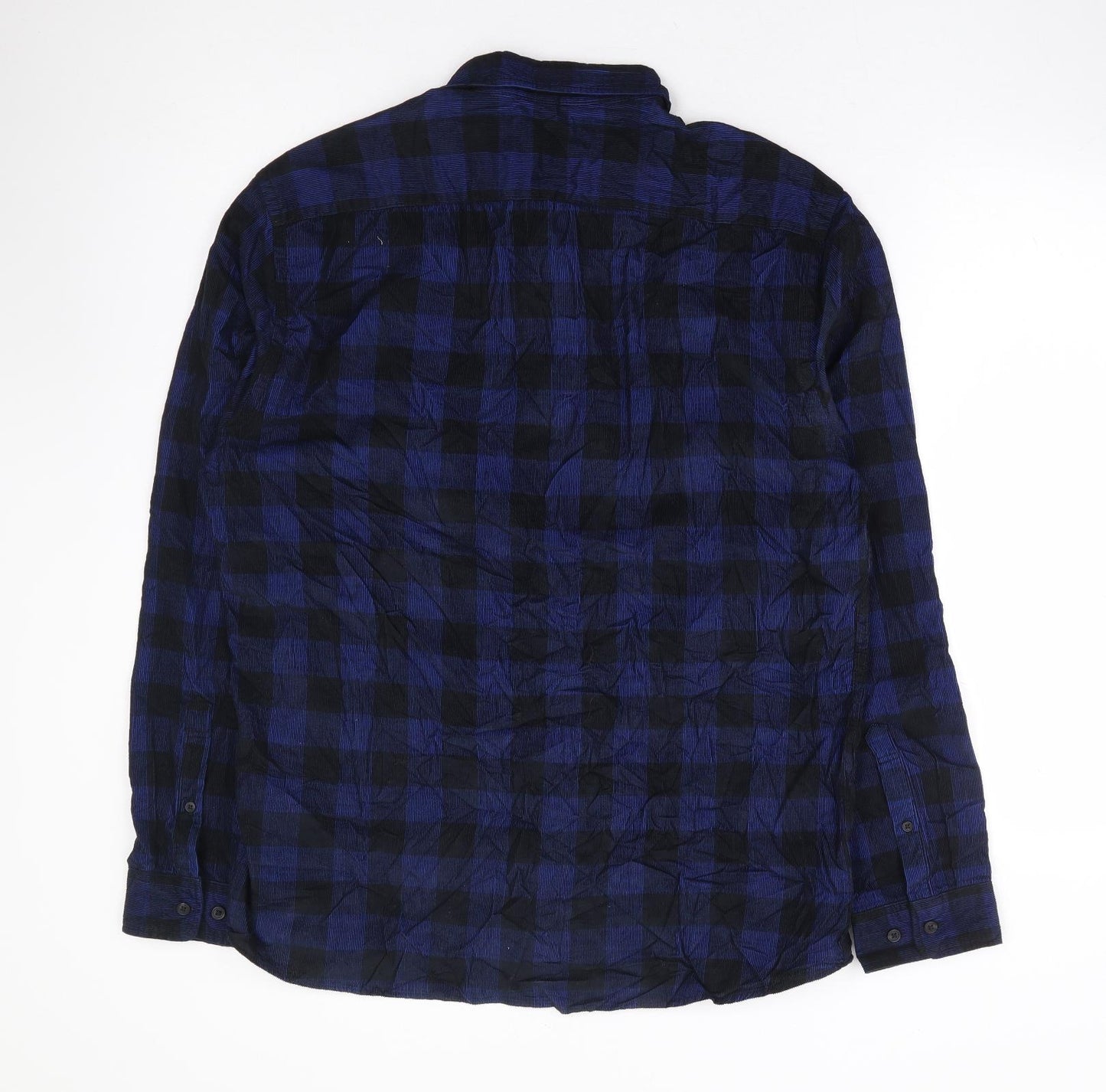 Marks and Spencer Mens Blue Check Cotton Button-Up Size L Collared Button