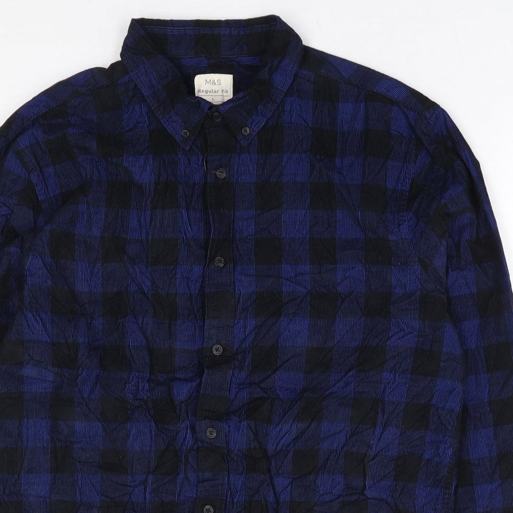Marks and Spencer Mens Blue Check Cotton Button-Up Size L Collared Button