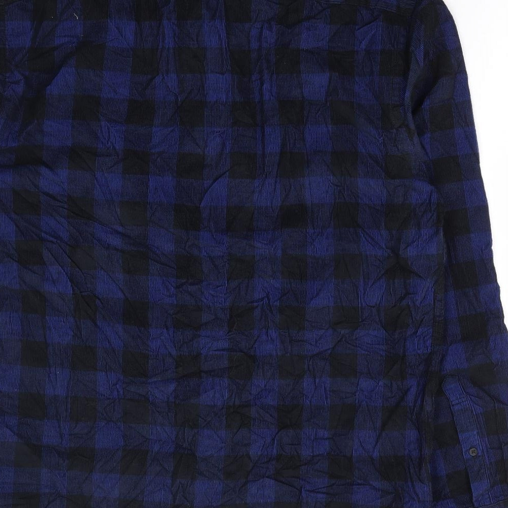 Marks and Spencer Mens Blue Check Cotton Button-Up Size L Collared Button