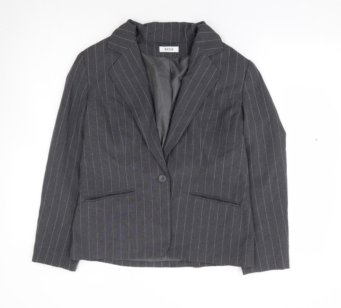 Basix Womens Grey Striped Polyester Jacket Blazer Size 12
