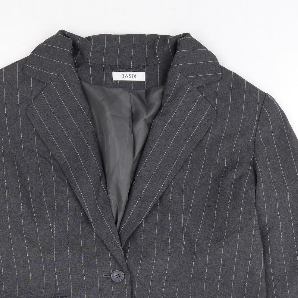 Basix Womens Grey Striped Polyester Jacket Blazer Size 12