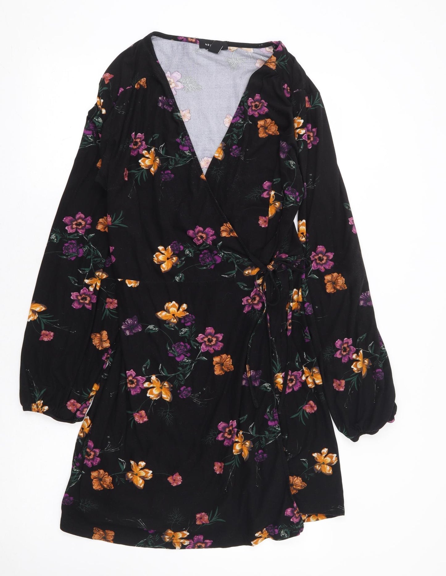 New Look Womens Black Floral Polyester Wrap Dress Size 16 V-Neck Tie