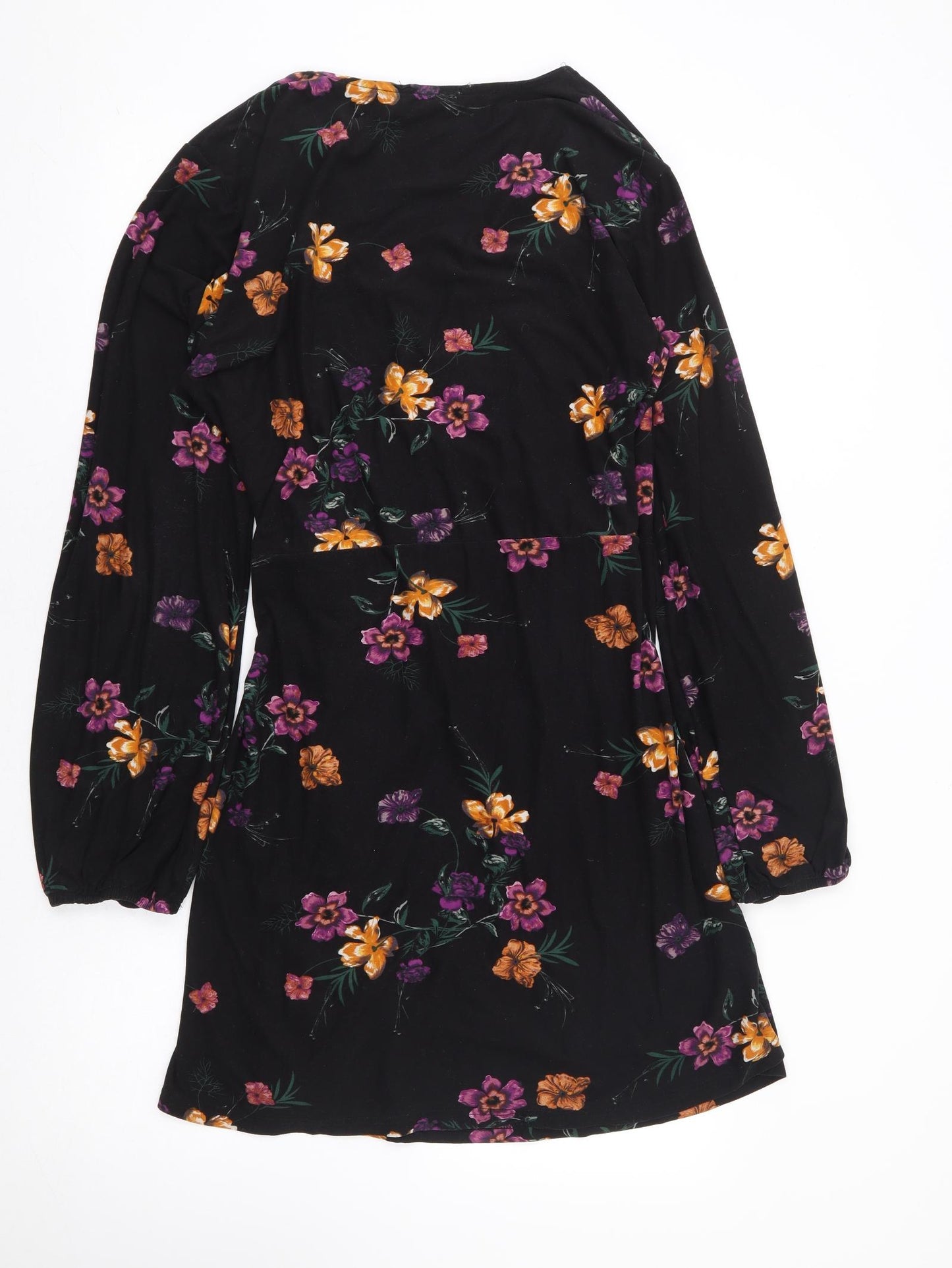 New Look Womens Black Floral Polyester Wrap Dress Size 16 V-Neck Tie