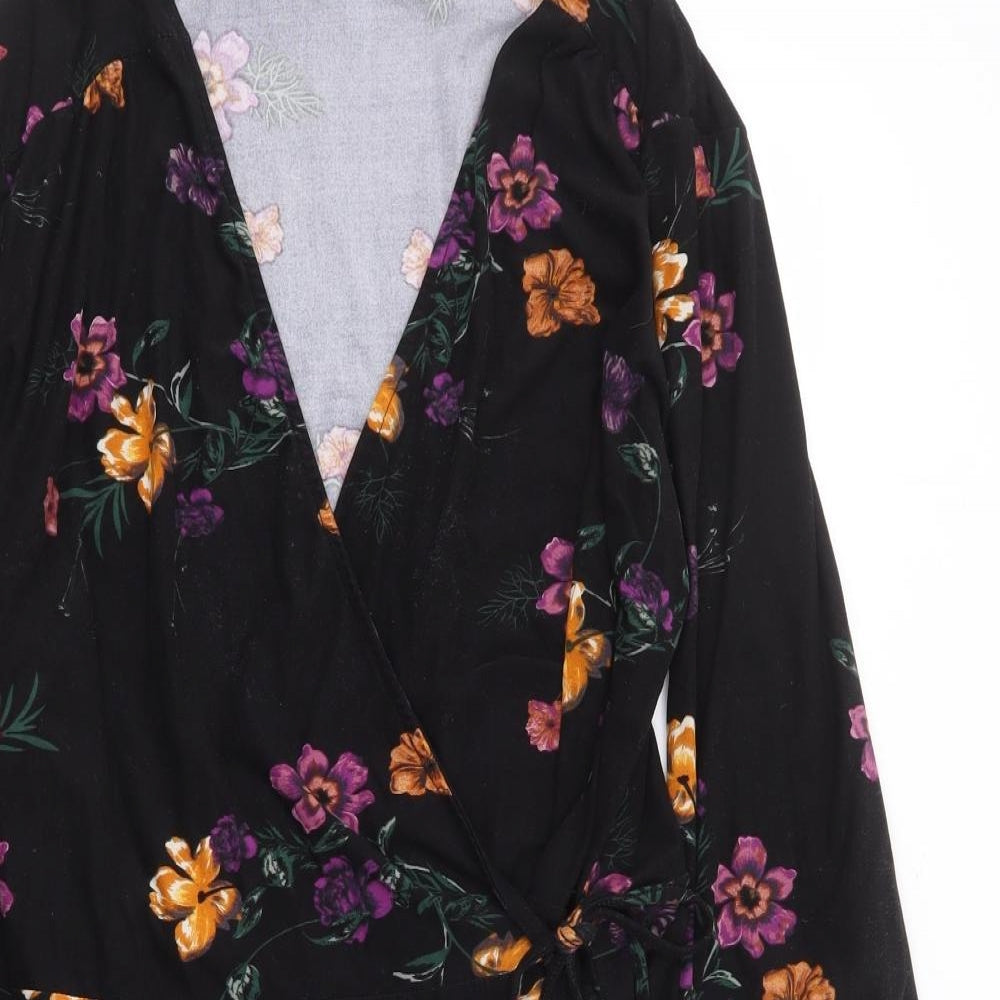 New Look Womens Black Floral Polyester Wrap Dress Size 16 V-Neck Tie