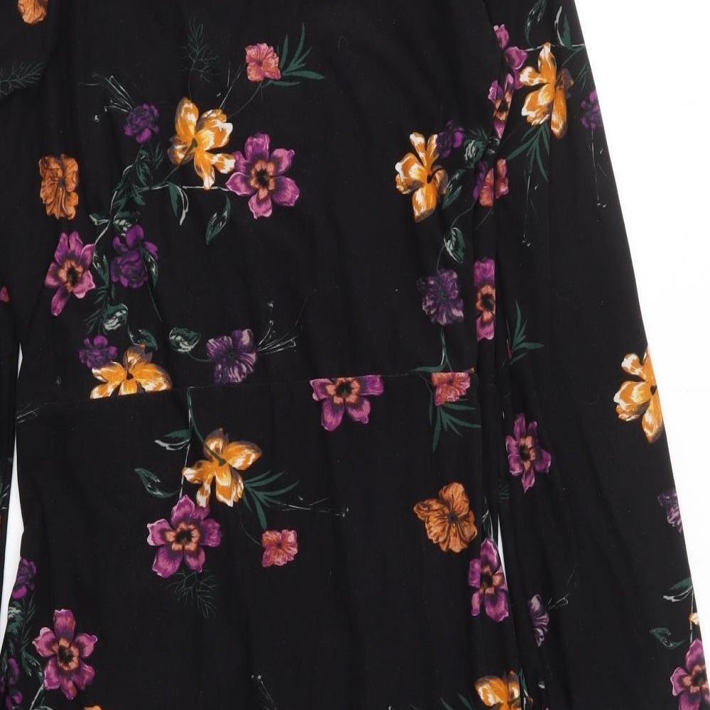 New Look Womens Black Floral Polyester Wrap Dress Size 16 V-Neck Tie