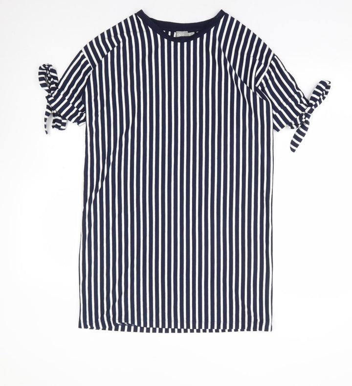 ASOS Womens Blue Striped Polyester T-Shirt Dress Size 6 Round Neck Pullover - Tie Sleeve Detail
