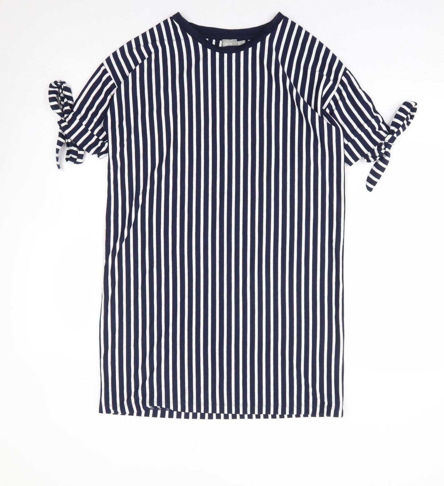 ASOS Womens Blue Striped Polyester T-Shirt Dress Size 6 Round Neck Pullover - Tie Sleeve Detail