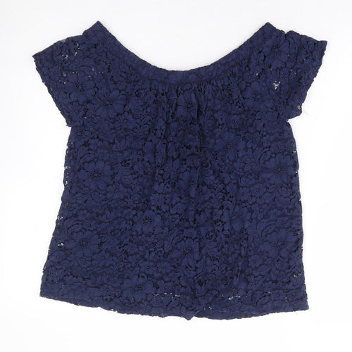 Peacocks Womens Blue Floral Nylon Basic Blouse Size 12 Boat Neck