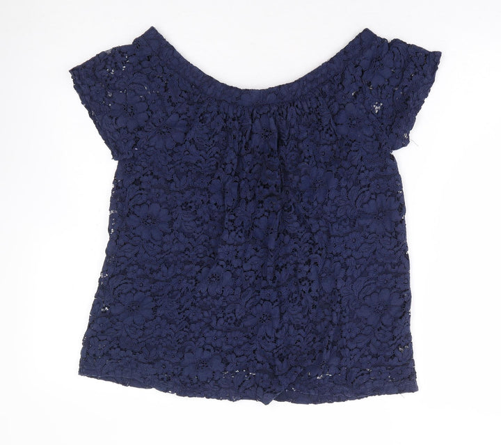 Peacocks Womens Blue Floral Nylon Basic Blouse Size 12 Boat Neck