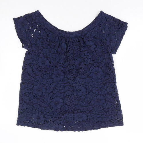 Peacocks Womens Blue Floral Nylon Basic Blouse Size 12 Boat Neck