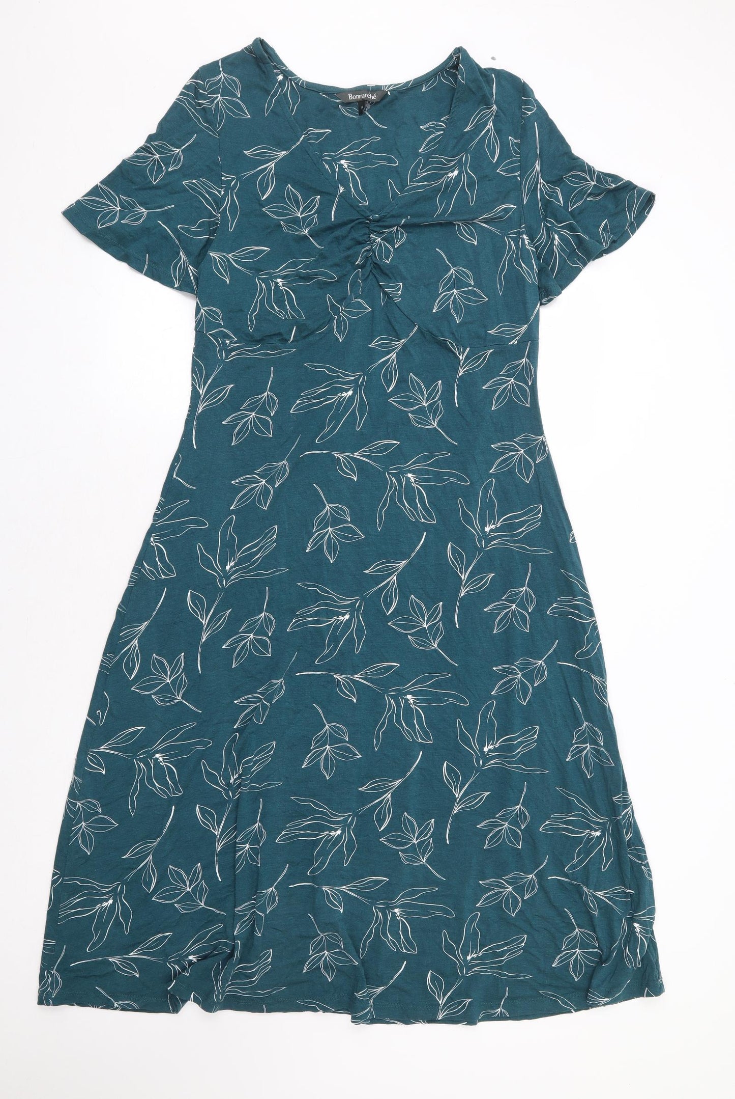 Bonmarché Womens Green Floral Viscose A-Line Size 14 V-Neck Pullover