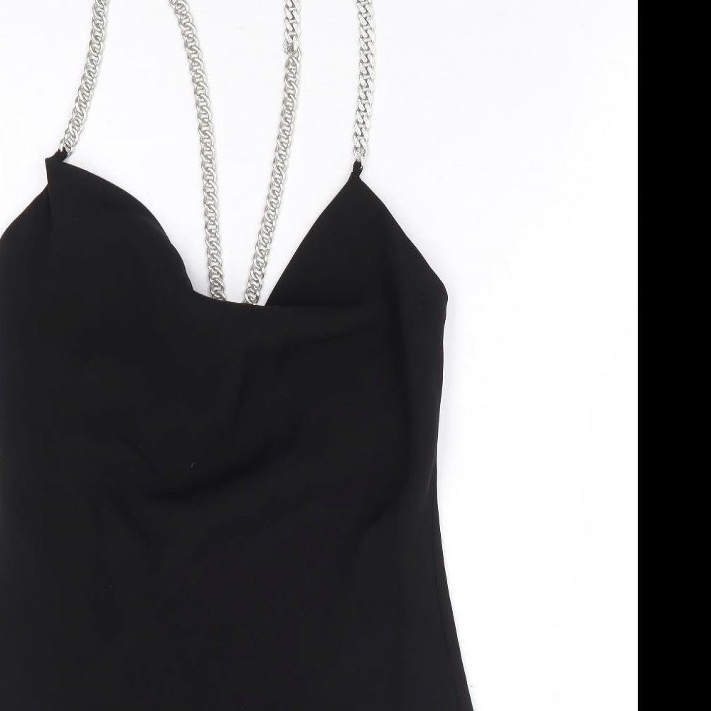 Zara Womens Black Polyester Bodycon Size S Cowl Neck Pullover - Chain Strap