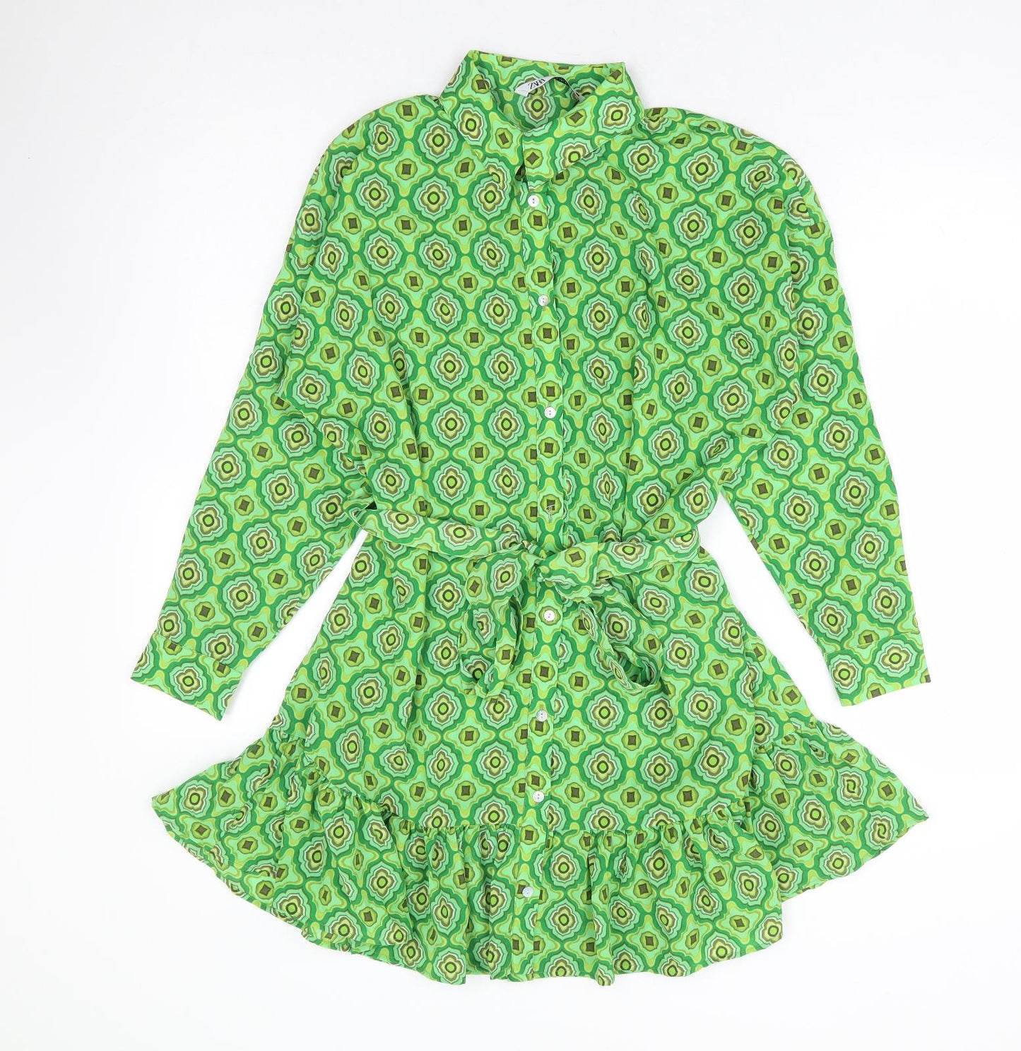 Zara Womens Green Geometric Polyester Shirt Dress Size S Collared Button