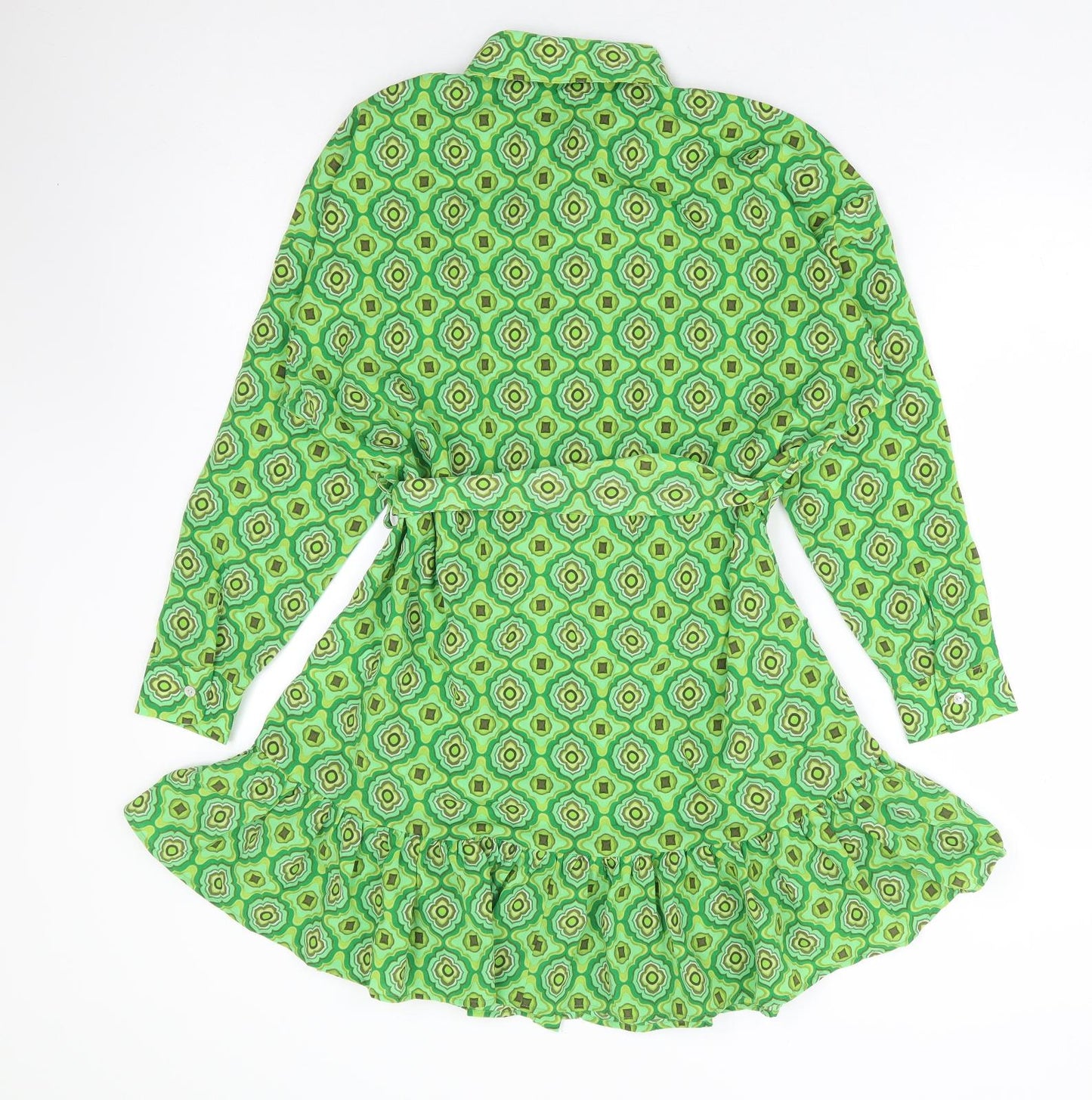 Zara Womens Green Geometric Polyester Shirt Dress Size S Collared Button