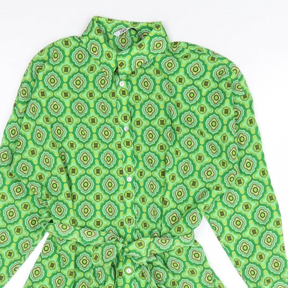 Zara Womens Green Geometric Polyester Shirt Dress Size S Collared Button