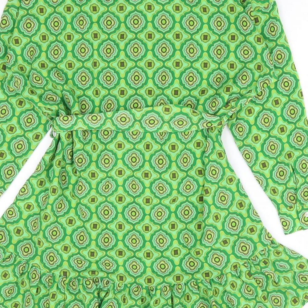 Zara Womens Green Geometric Polyester Shirt Dress Size S Collared Button