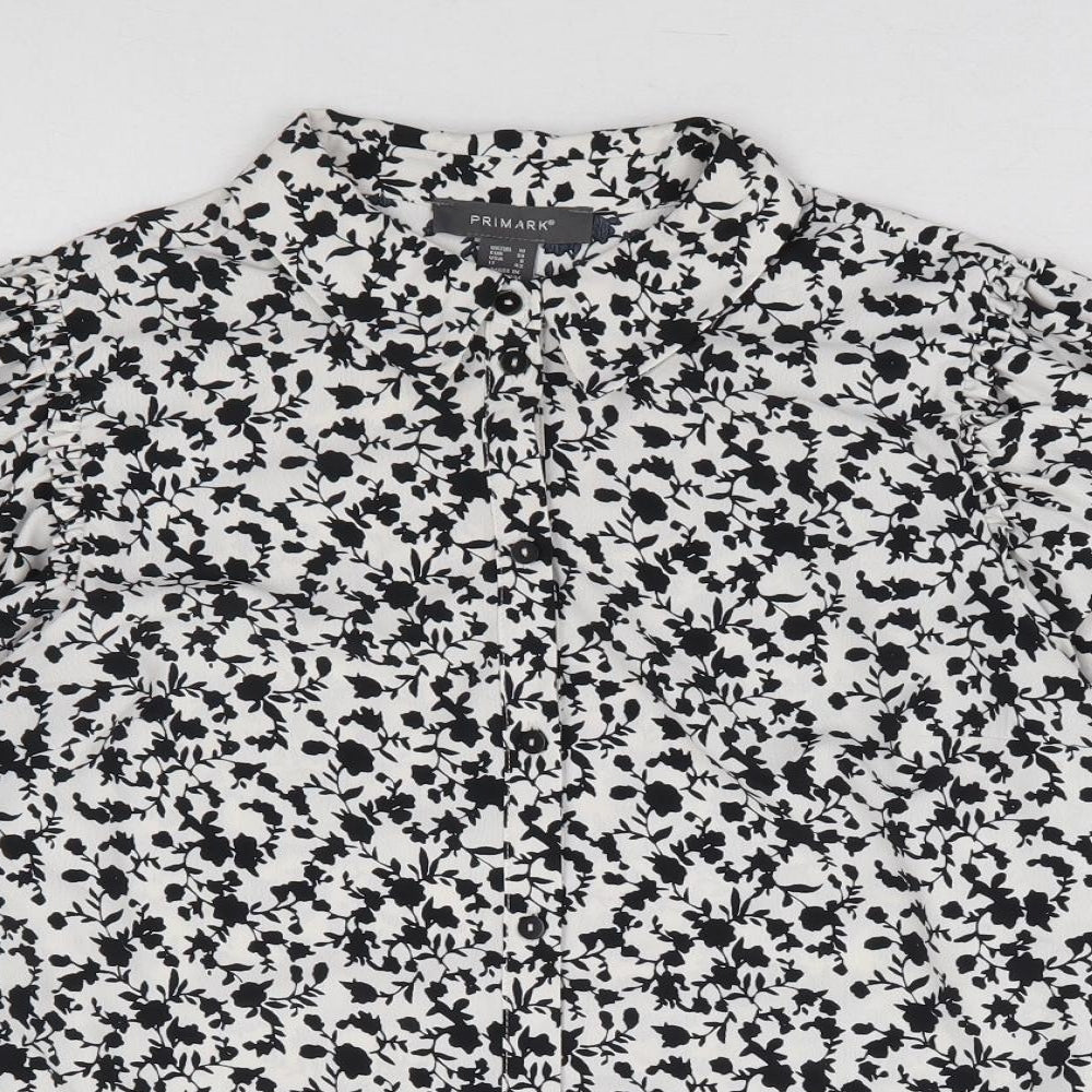 Primark Womens White Floral Polyester Basic Button-Up Size 10 Collared