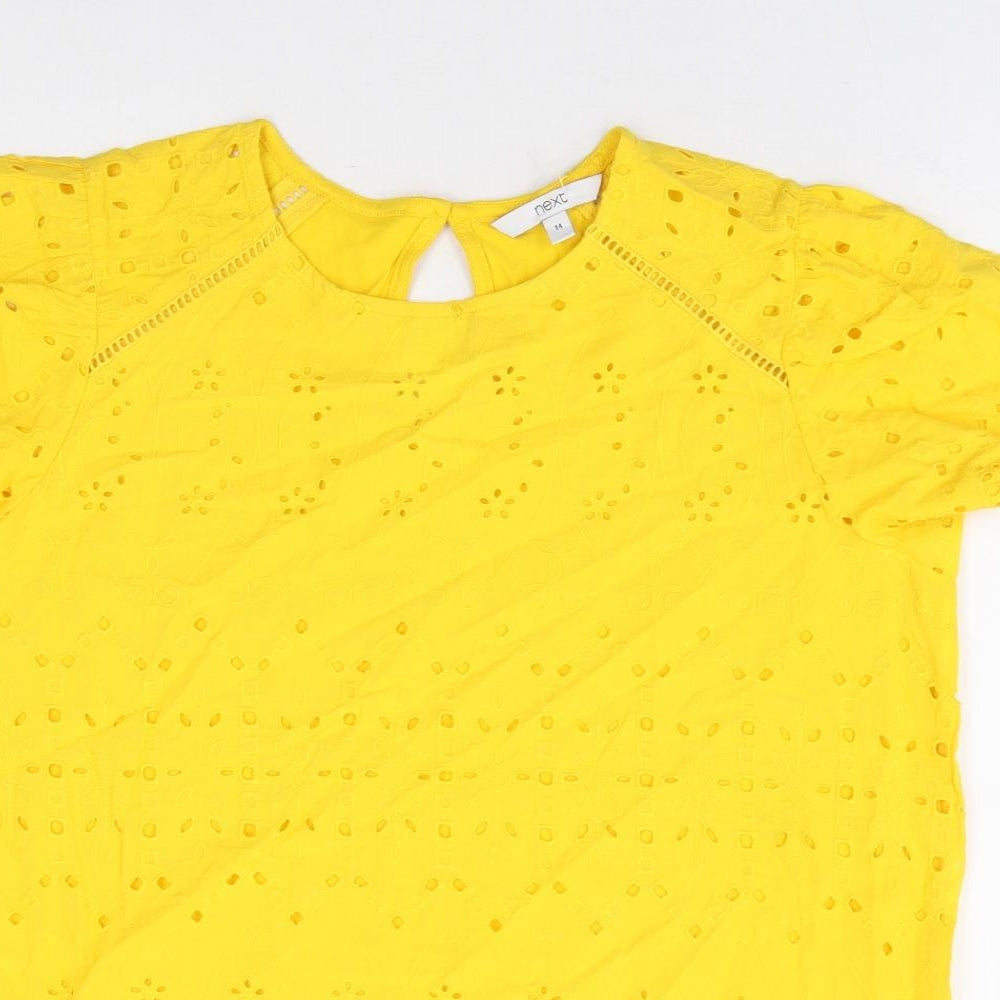 NEXT Womens Yellow Floral 100% Cotton Basic T-Shirt Size 14 Round Neck