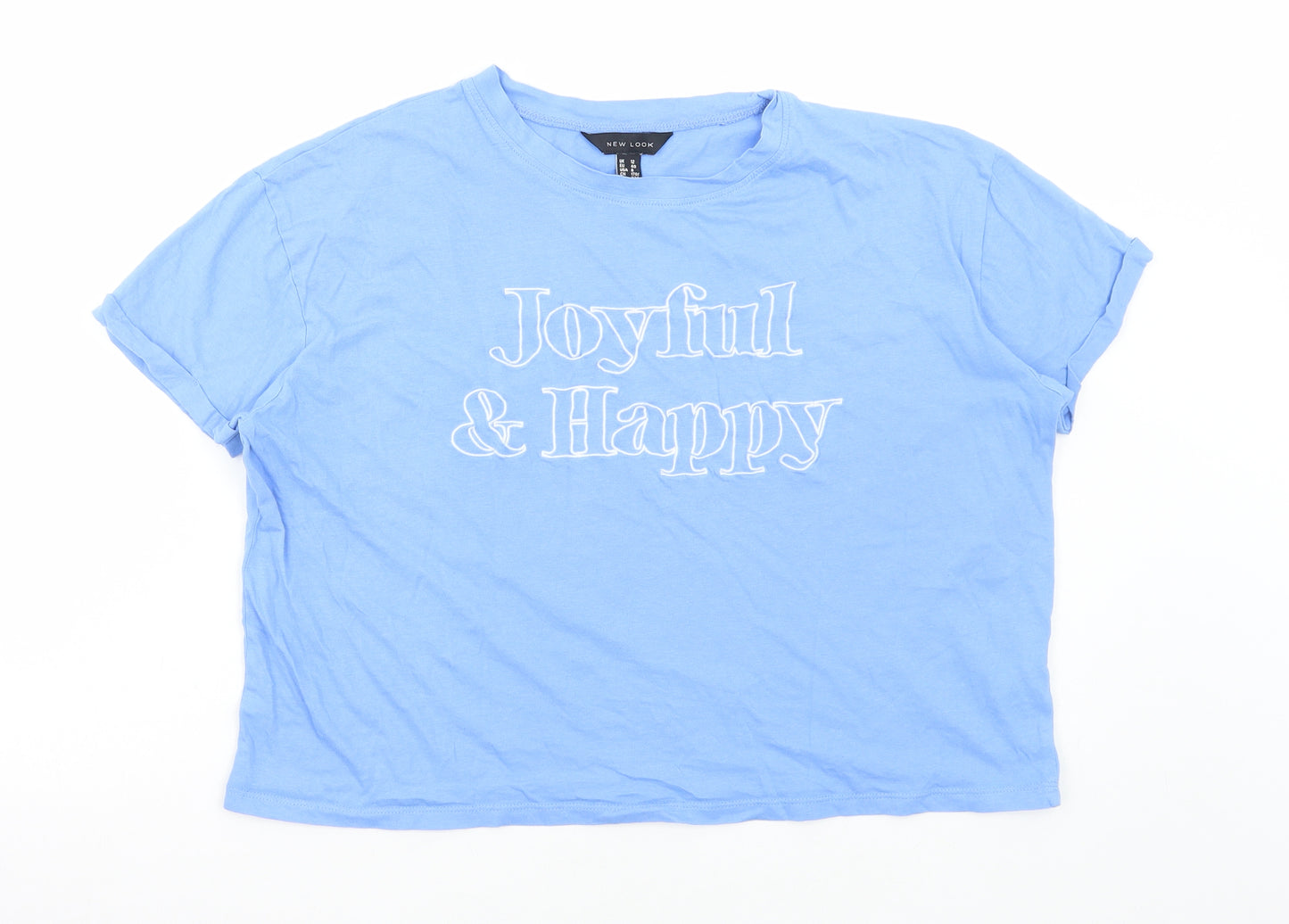 New Look Womens Blue Cotton Cropped T-Shirt Size 12 Round Neck - Joyful and Happy