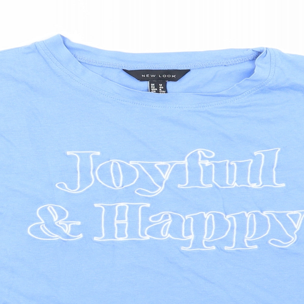 New Look Womens Blue Cotton Cropped T-Shirt Size 12 Round Neck - Joyful and Happy