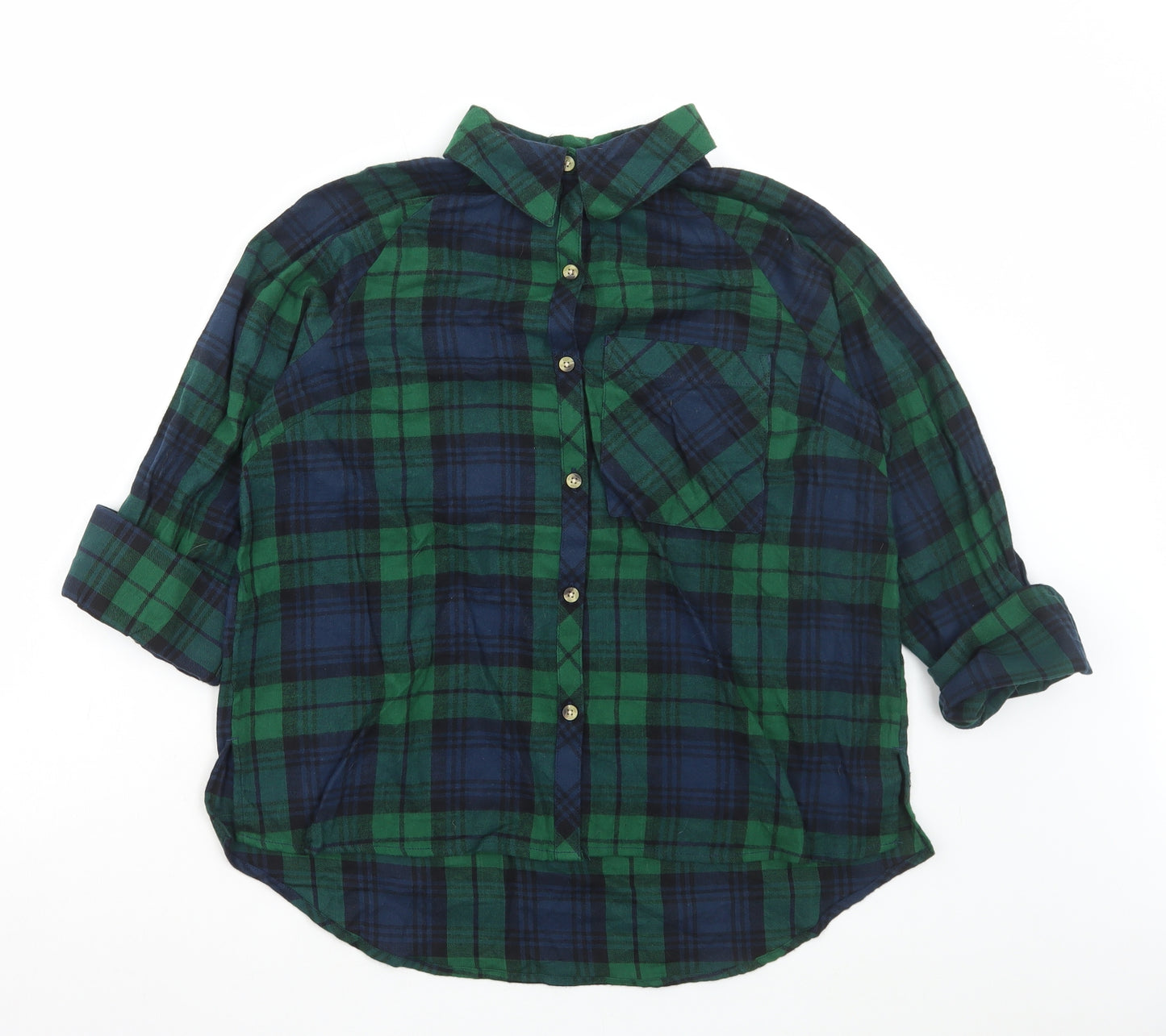 Primark Womens Green Plaid Cotton Basic Button-Up Size 10 Collared