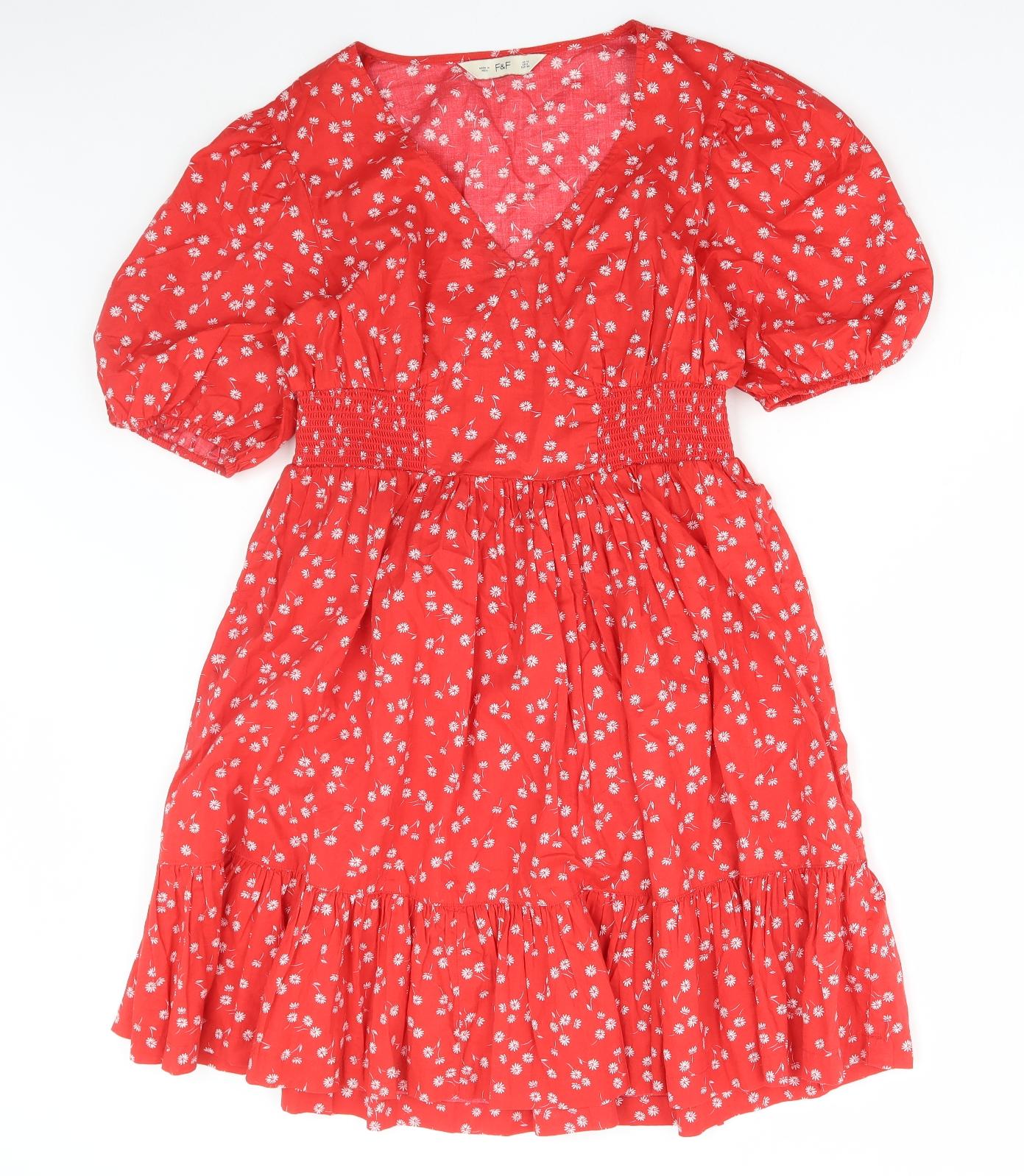 F&F Womens Red Floral Cotton A-Line Size 10 V-Neck Pullover