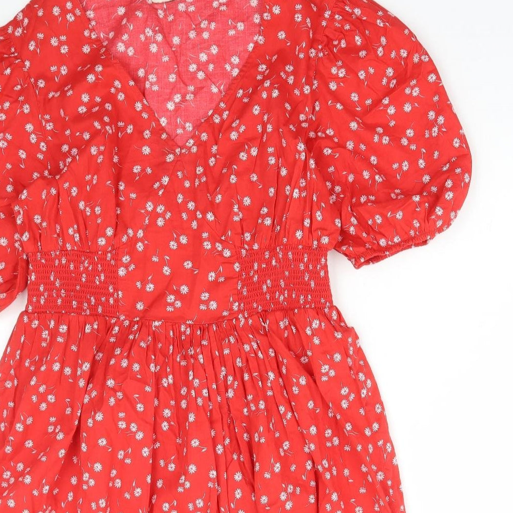 F&F Womens Red Floral Cotton A-Line Size 10 V-Neck Pullover