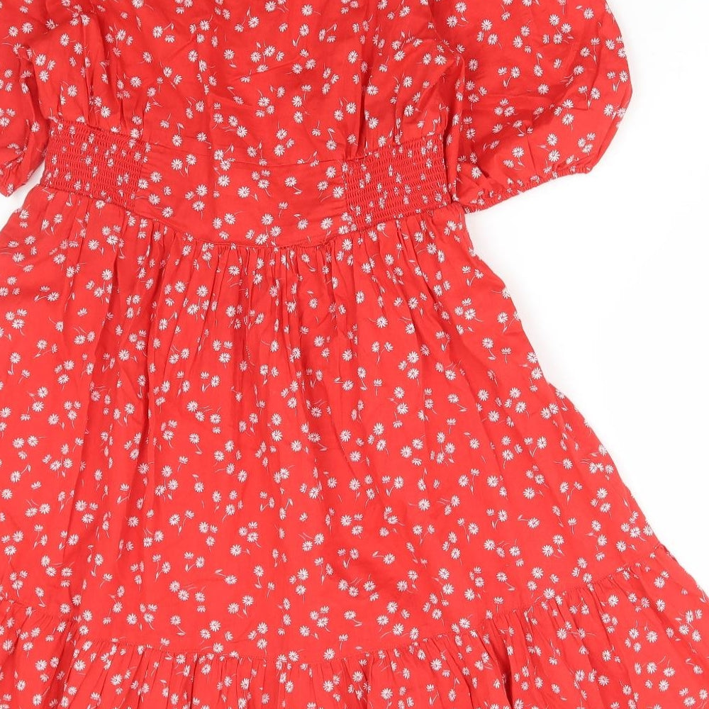 F&F Womens Red Floral Cotton A-Line Size 10 V-Neck Pullover