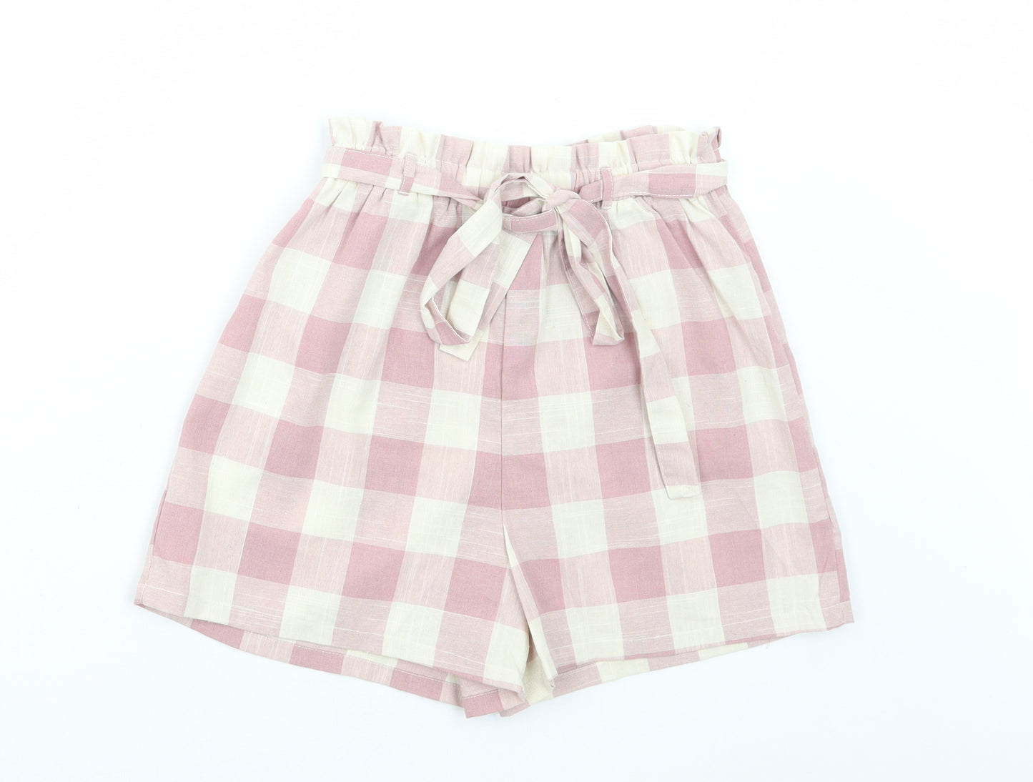 Primark Womens Pink Check Polyester Paperbag Shorts Size 24 in L3 in Regular Tie