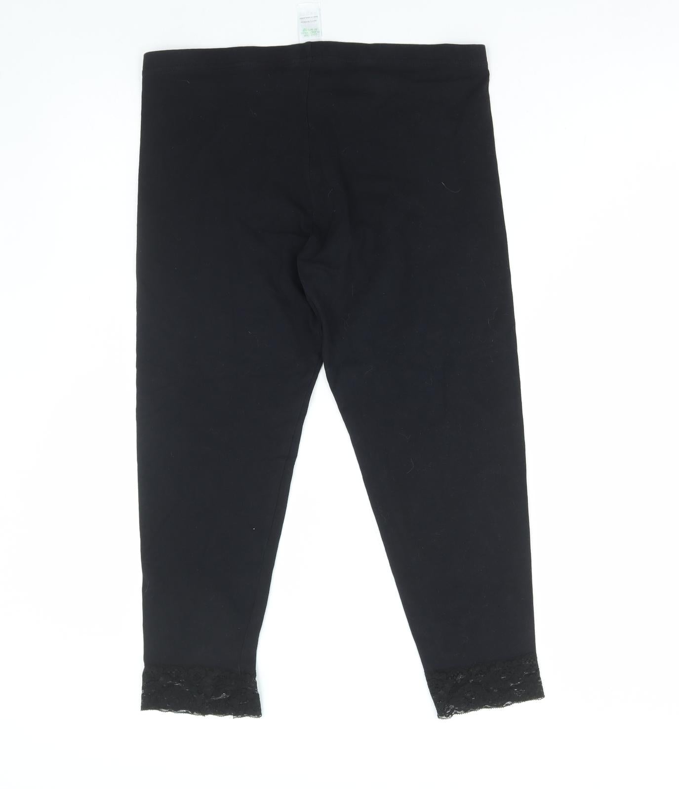 New Look Womens Black Cotton Cropped Leggings Size 16 L22 in - Lace Detail