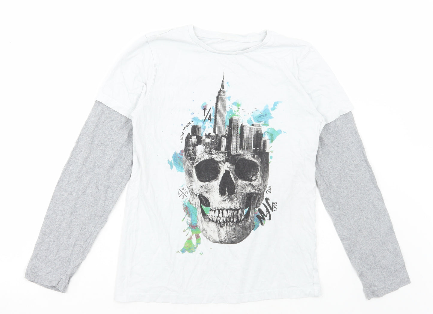 Preworn Boys Multicoloured Cotton Basic T-Shirt Size 12-13 Years Round Neck Pullover - Skull Print