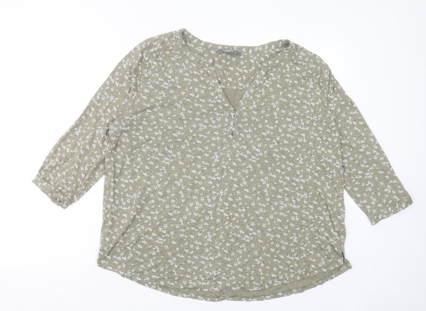 Nutmeg Womens Green Floral Cotton Basic T-Shirt Size 16 V-Neck