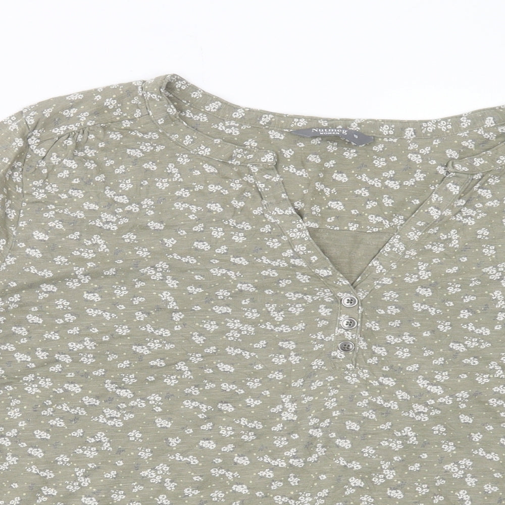 Nutmeg Womens Green Floral Cotton Basic T-Shirt Size 16 V-Neck