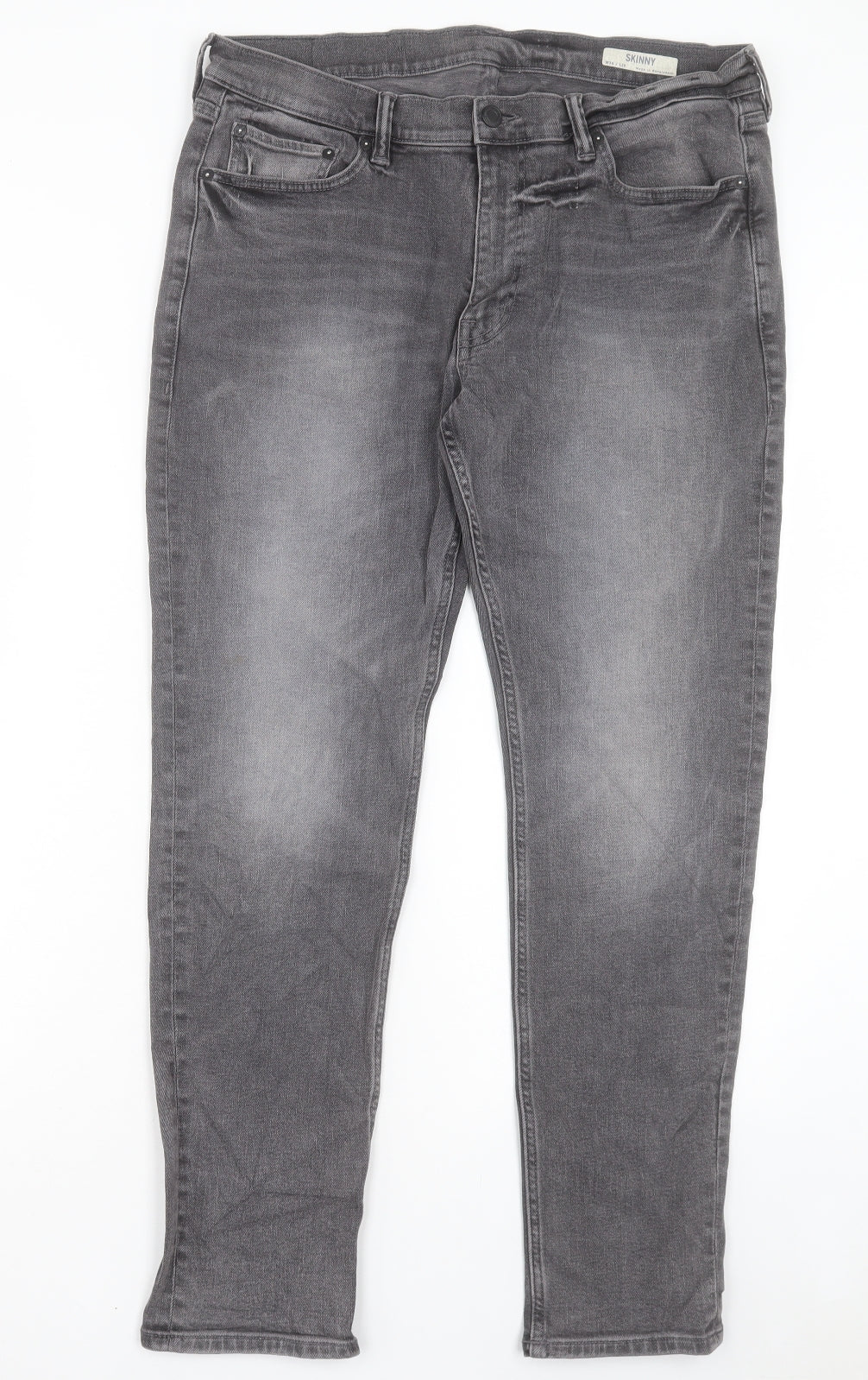 Marks and Spencer Mens Grey Cotton Skinny Jeans Size 36 in L29 in Regular Button - Short Leg