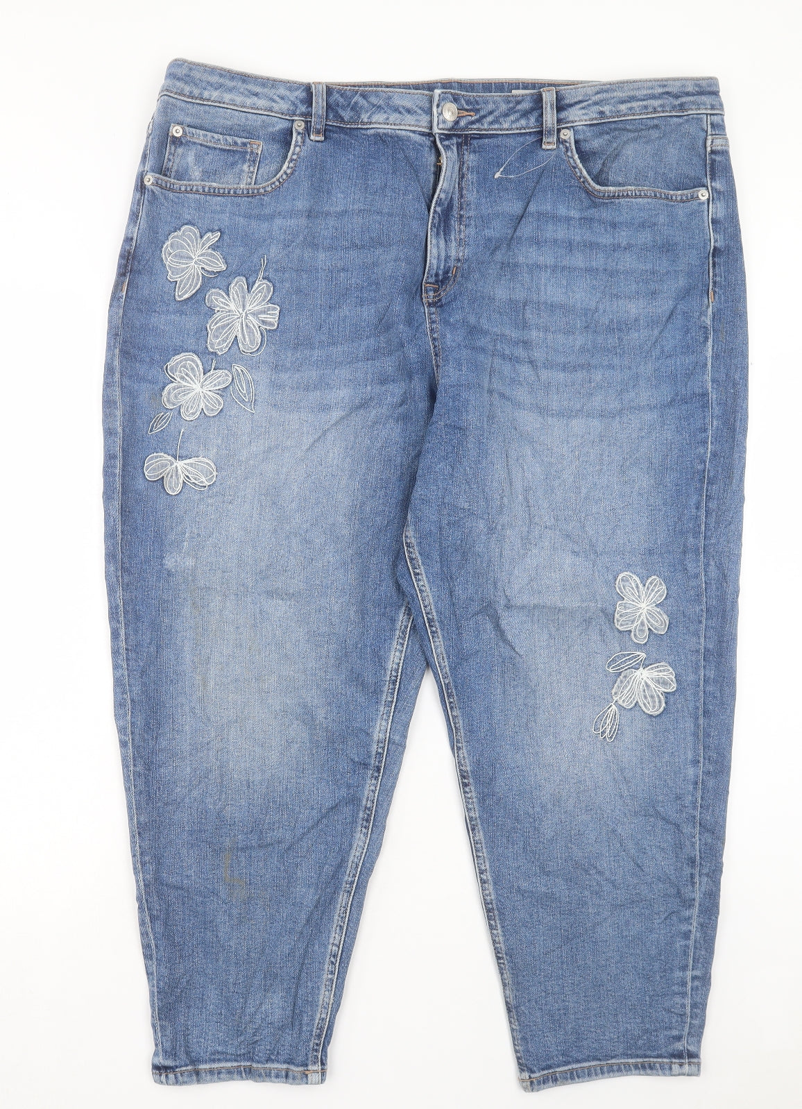 Marks and Spencer Womens Blue Floral Cotton Mom Jeans Size 22 L25 in Regular Button
