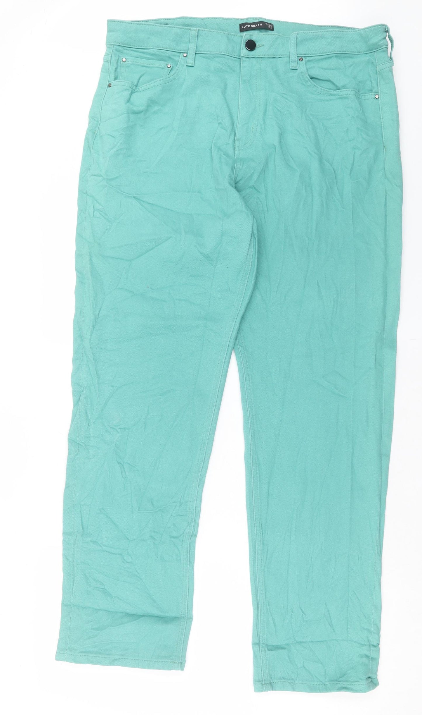 Autograph Womens Green Cotton Straight Jeans Size 18 L32 in Regular Button