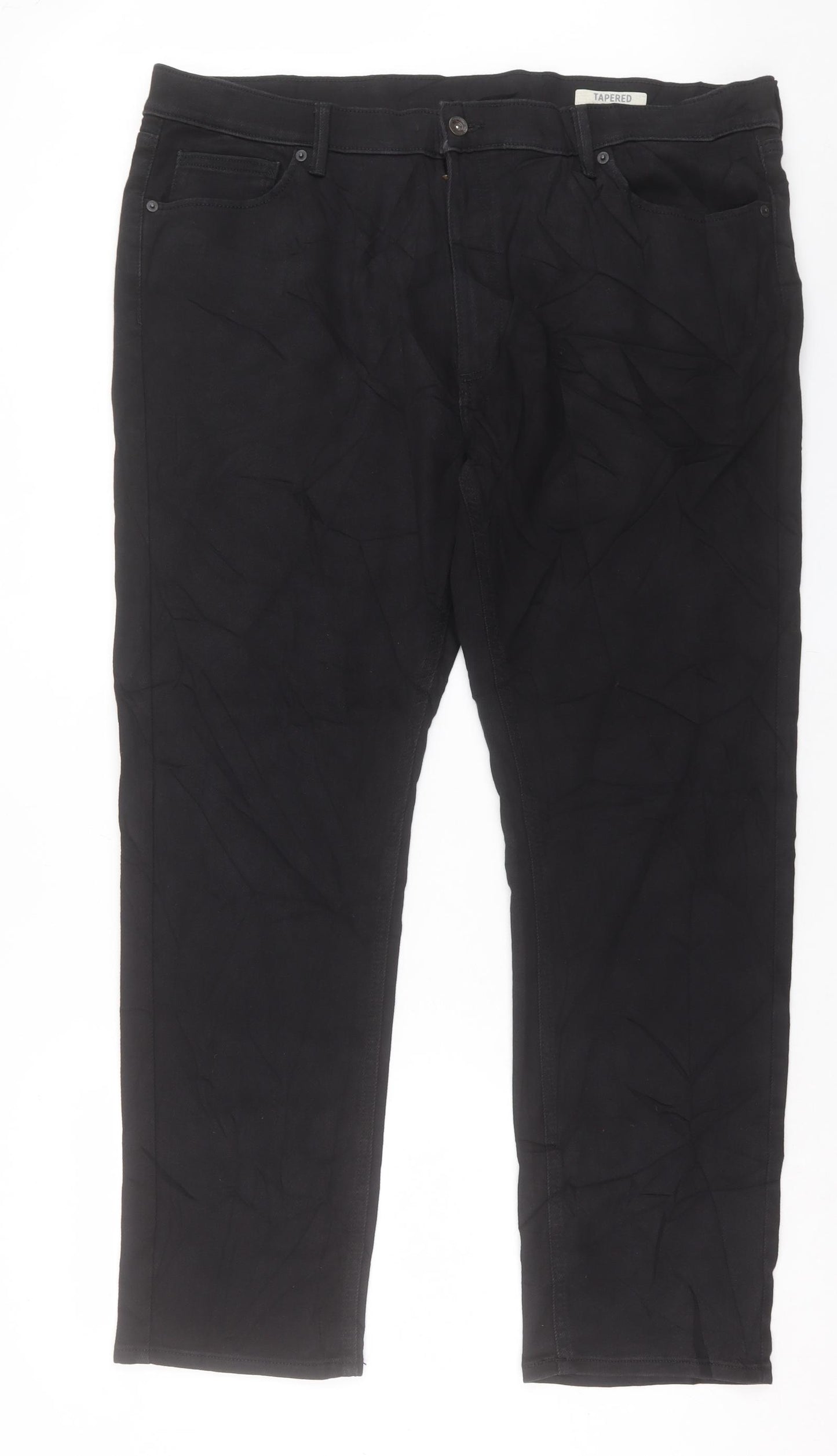 Marks and Spencer Mens Black Cotton Tapered Jeans Size 42 in L31 in Regular Button