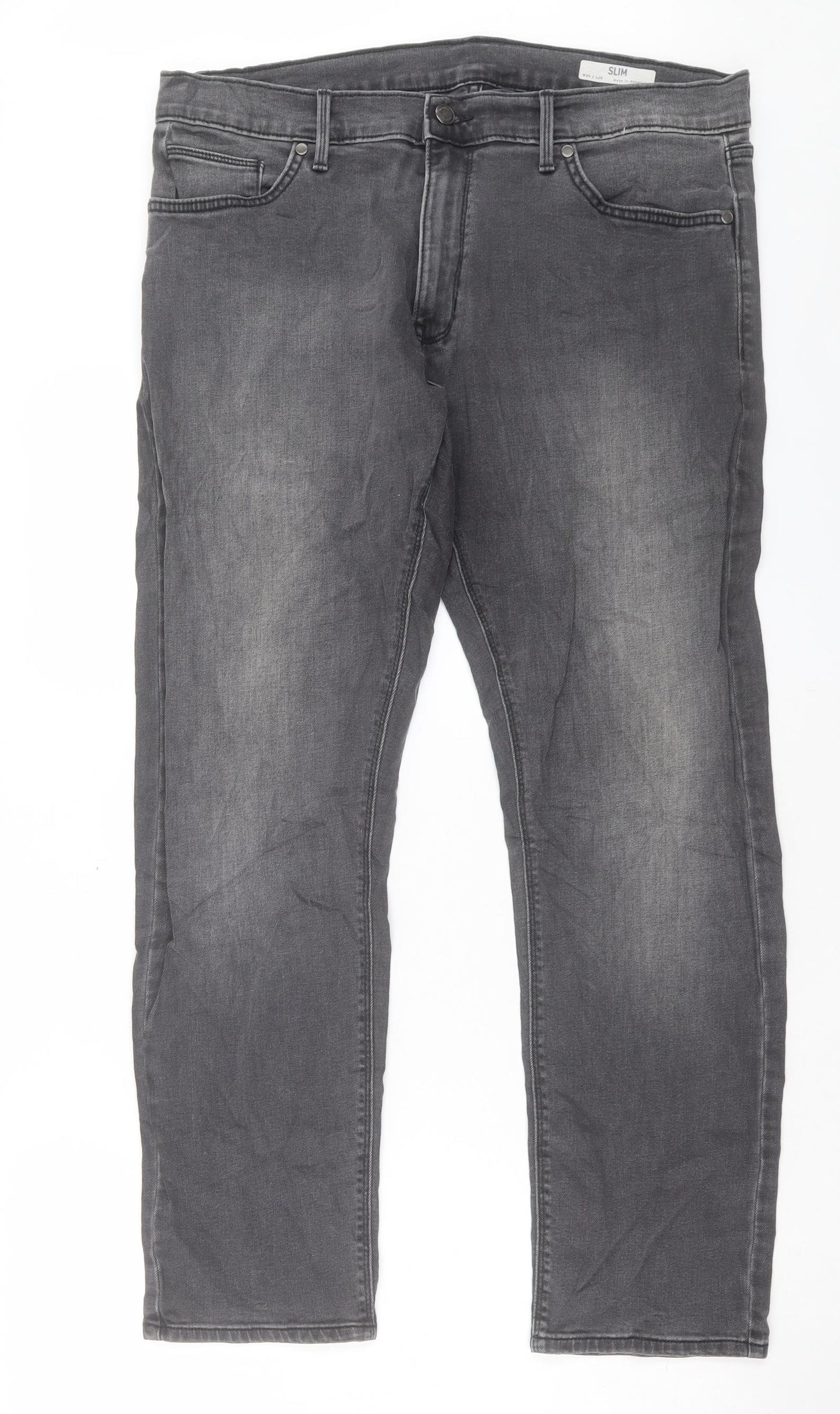 Marks and Spencer Mens Grey Cotton Straight Jeans Size 36 in L29 in Regular Button - Short Leg
