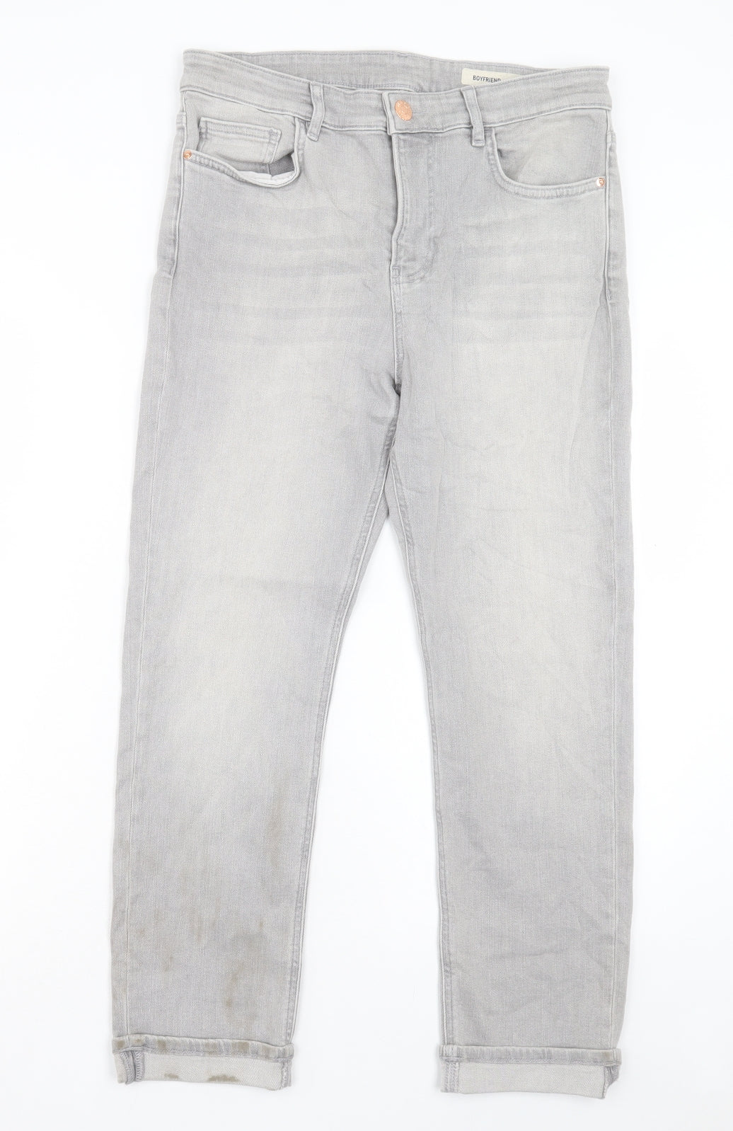 Marks and Spencer Womens Grey Cotton Boyfriend Jeans Size 14 L26 in Regular Button