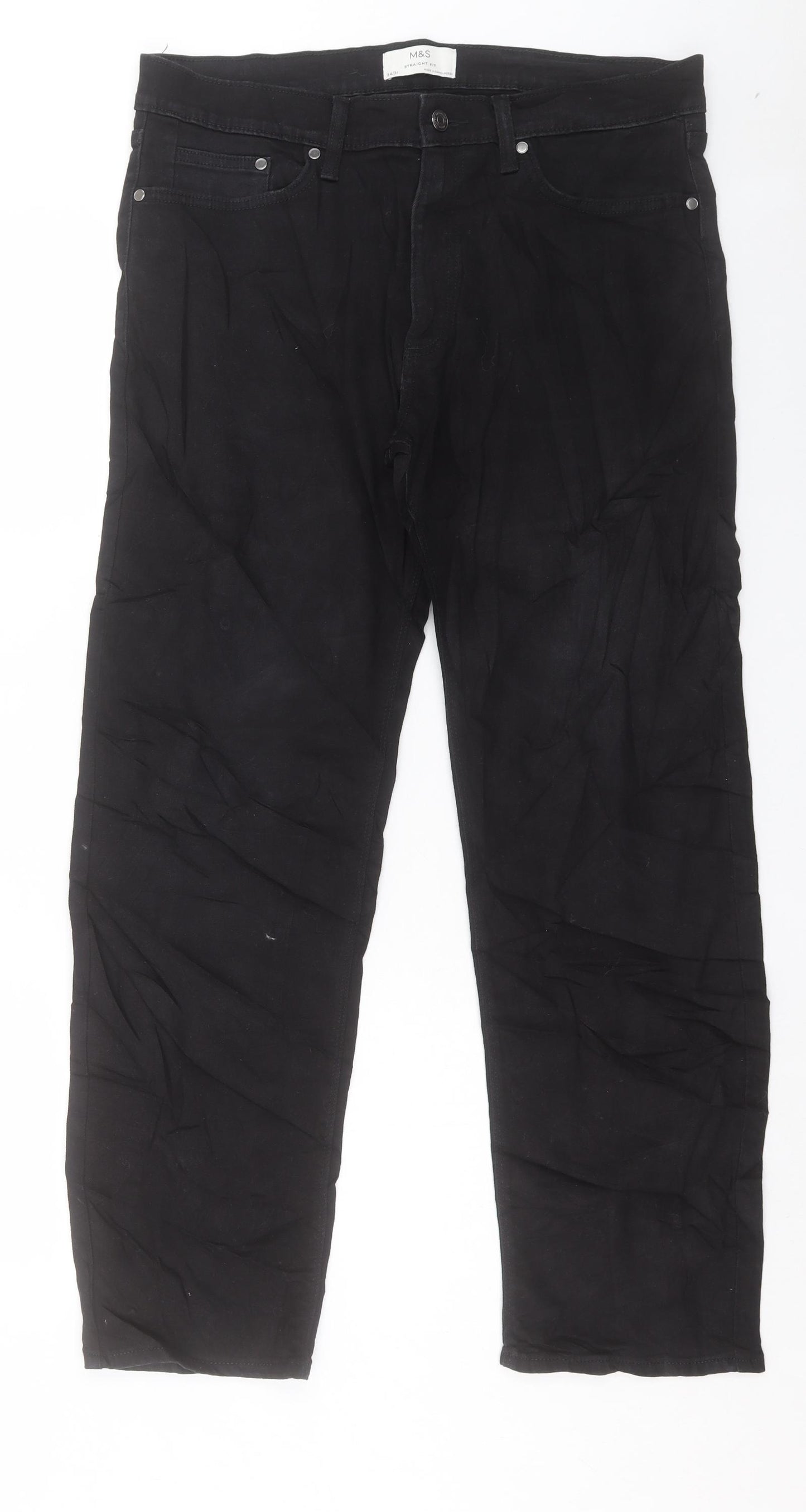 Marks and Spencer Mens Black Cotton Straight Jeans Size 34 in L31 in Regular Button