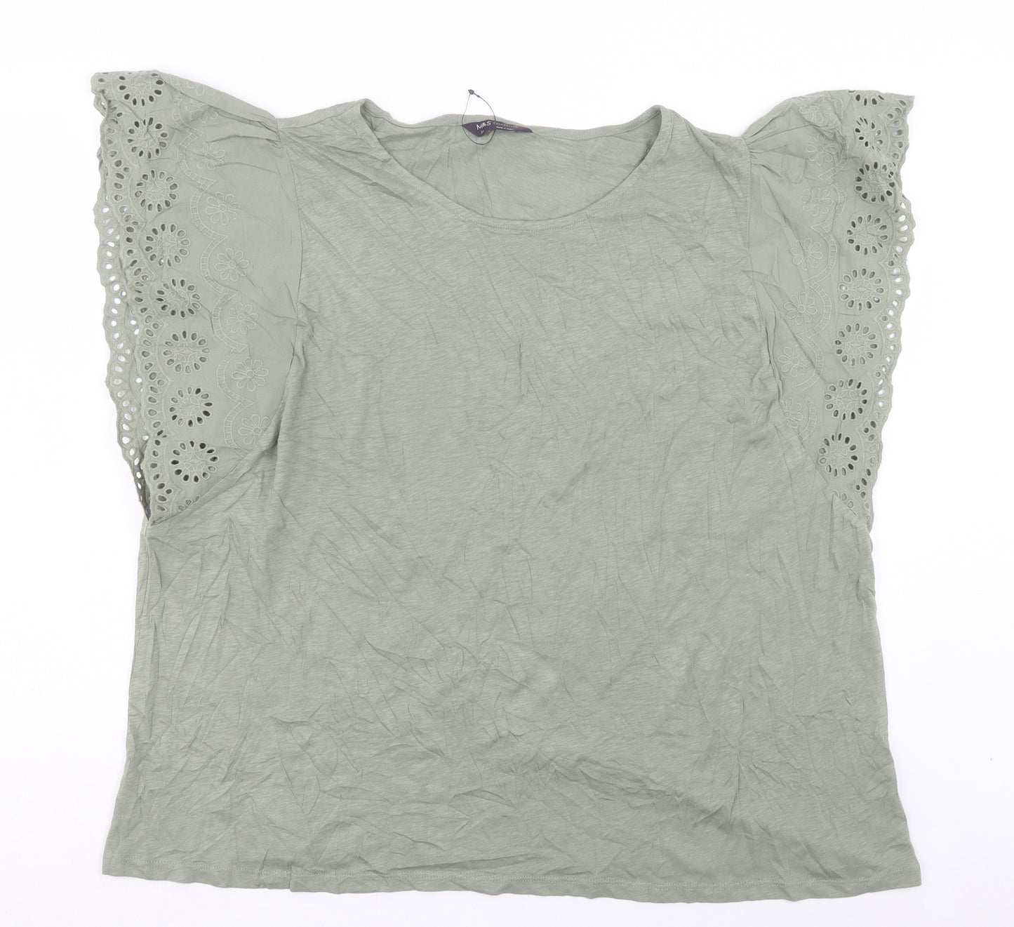Marks and Spencer Womens Green Cotton Basic T-Shirt Size 24 Crew Neck