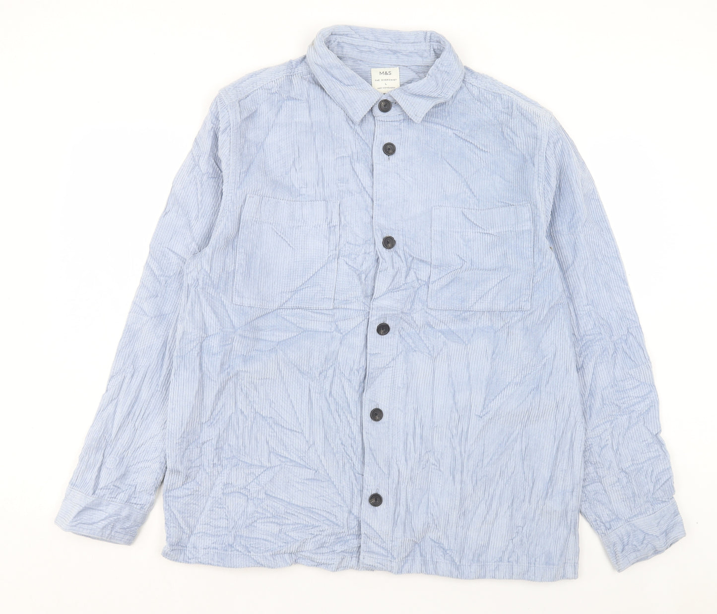 Marks and Spencer Mens Blue Cotton Button-Up Size L Collared Button