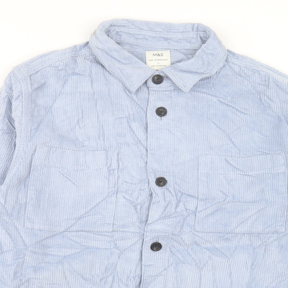 Marks and Spencer Mens Blue Cotton Button-Up Size L Collared Button