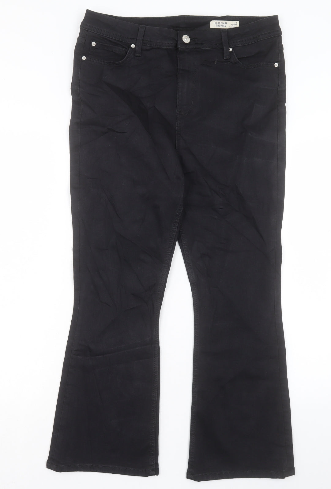 Marks and Spencer Womens Black Cotton Flared Jeans Size 14 L25 in Slim Button - Cropped