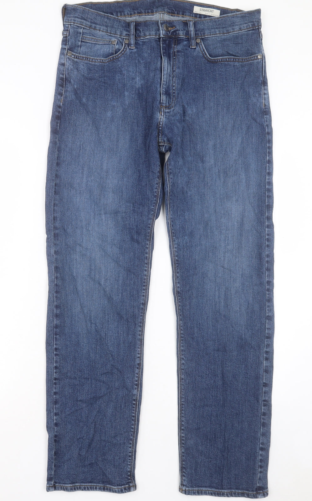 Marks and Spencer Mens Blue Cotton Straight Jeans Size 34 in L31 in Regular Button