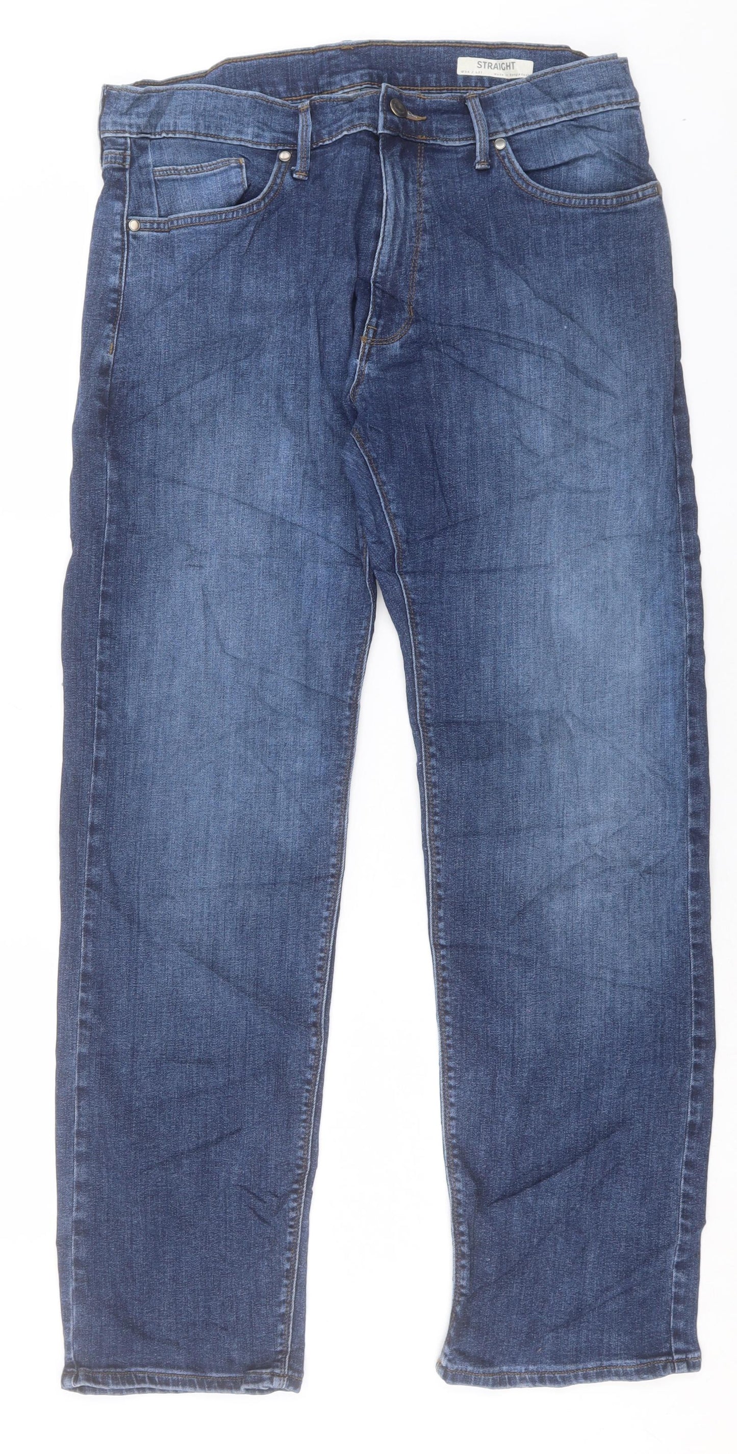 Marks and Spencer Mens Blue Cotton Straight Jeans Size 34 in L31 in Regular Button